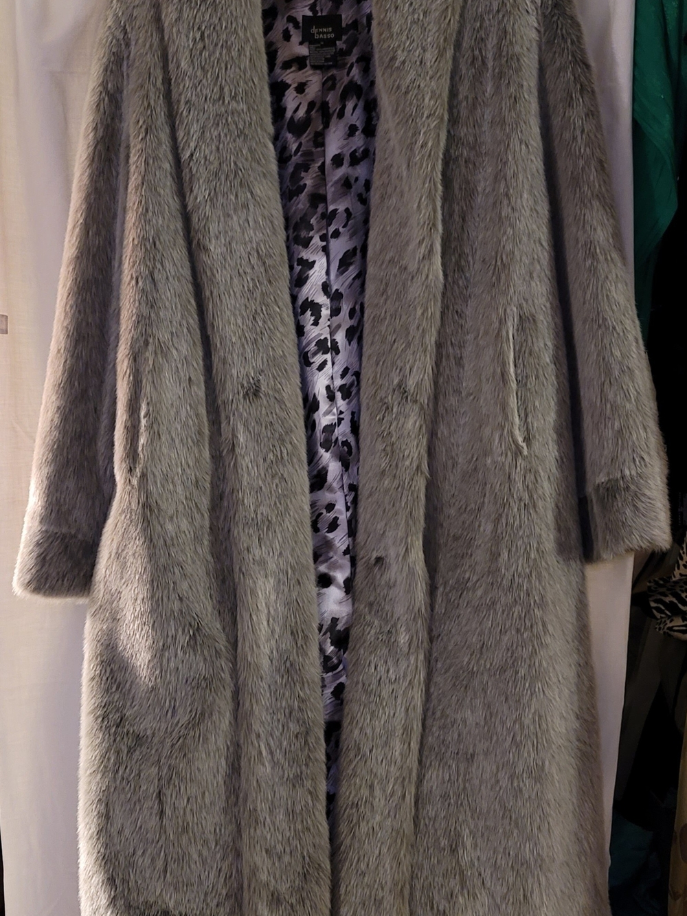 Dennis Basso Silver Grey Faux Fur Long Coat